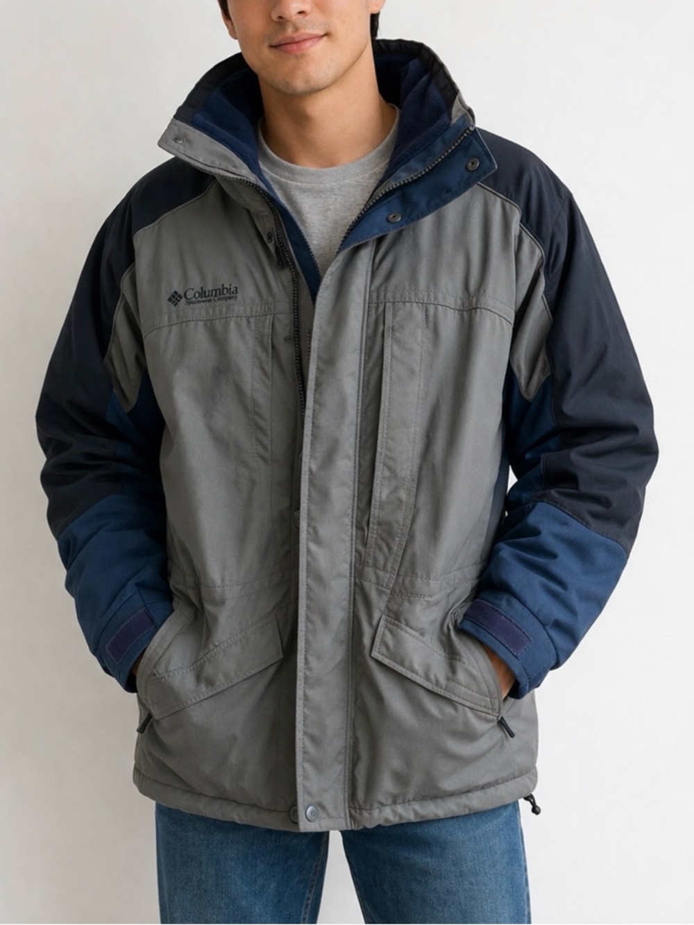 Columbia Gray Blue Jacket Men’s Large Hooded Winter Coat Fleece Lined Outdoor